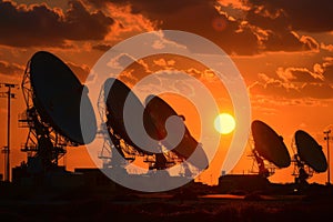 A satellite communication section of the agency, featuring dishes and antennae against a backdrop of the setting sun