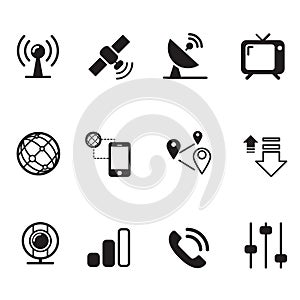 Satellite communication technology silhouette icons set