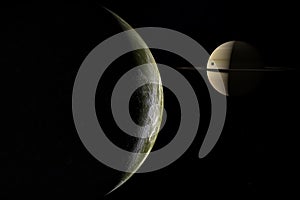 Satellite Dione orbiting with Mimas and Saturn planet. 3d render