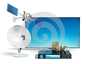 Satellite, dish, 4K ultra HD receiver and TV. 3D illustration