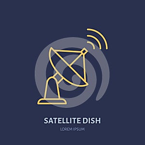 Satellite dish antenna flat line icon. Wireless technology sign. Vector illustration of interner connection