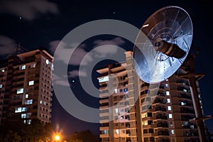 Satellite Dish Antenna Transmitting Data at Blue Hour