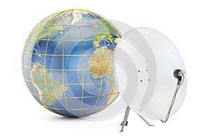 Satellite dish with earth, global telecommunications concept. 3D rendering