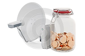 Satellite dish with glass jar full of golden coins, 3D rendering