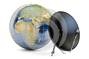 Satellite dish with globe earth, global telecommunications concept. 3D rendering