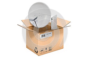 Satellite dish inside cardboard box, delivery concept. 3D rendering photo