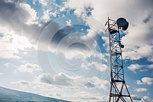 Satellite dish telecom network antenna tower at sky background, communication technology network