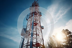 Satellite dish telecom tower 5G cellular network antenna. Telecommunication tower with wireless antennas. Generative AI