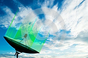 Satellite dish transmission data on background blue sky