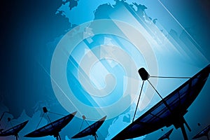 Satellite dish transmission data on background digital blue