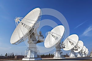 Satellite dishes on the bright blue sky background