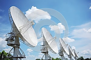 Satellite dishes on the bright blue sky background