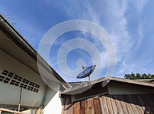 Satellite dishes communication technology network with Blue sky surf in background,Satellite dish In the countryside
