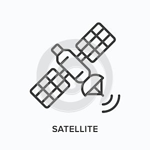 Satellite flat line icon. Vector outline illustration of navigation transponder. Black thin linear pictogram for