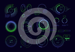 Satellite hud ui. Circle radar futuristic digital templates army target navigation display scanner screen vector set