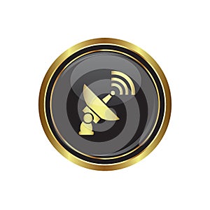 Satellite icon on the black with gold round button