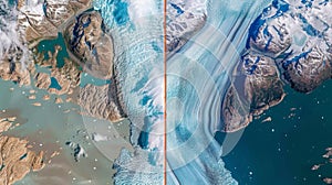 A satellite image of a glacier from a decade ago compared to the present day showcases the significant decline in size photo