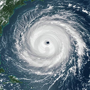 Satellite image of a massive hurricane over the Atlantic Ocean. The storm features a