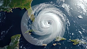 Satellite image shows hurricane forming over ocean. Global warming increases storm frequency, severity. Ocean storm system photo