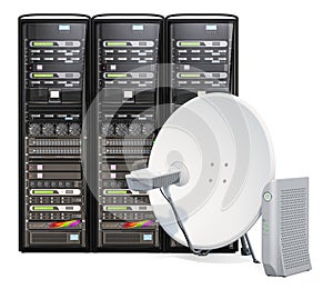 Satellite Internet access concept. Computer server racks with communication satellite dish and satellite modem, 3D rendering