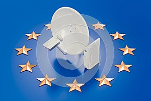 Satellite Internet access in the EU concept. Communication satellite dish with satellite modem. 3D rendering