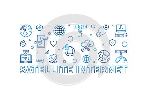 Satellite Internet vector outline creative horizontal banner. Wireless Satellite Data Transmission illustration
