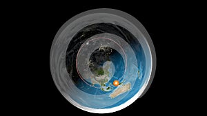 Top view of Flat Earth Model. With a clouds layer. Asia and Australia in front photo
