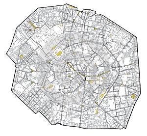 Satellite map of Milan, streets and building of area number 1, municipalities number one. Italy