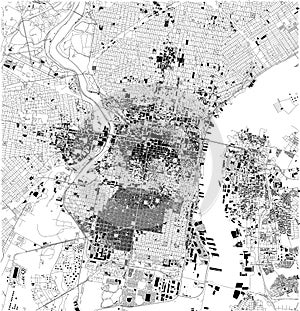 Satellite map of Philadelphia, Philly, Pennsylvania, city streets. Usa