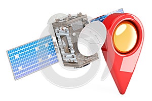 Satellite with map pointer, 3D rendering