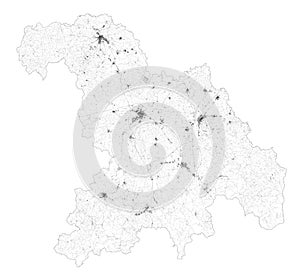 Satellite map of province of Alessandria, towns and roads, buildings and connecting roads of surrounding areas. Piedmont, Italy.