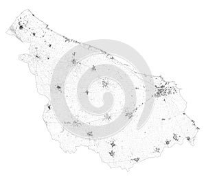 Satellite map of Province of Brindisi towns and roads, buildings and connecting roads of surrounding areas. Puglia region, Italy