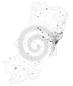 Satellite map of Province of Catania towns and roads, buildings and connecting roads of surrounding areas. Sicily region, Italy