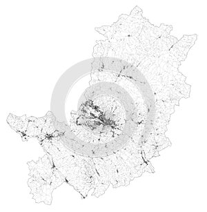 Satellite map of province of Florence, Firenze, towns and roads, buildings and connecting roads. Tuscany, Italy