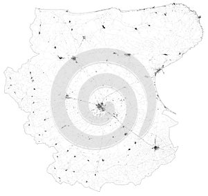 Satellite map of Province of Foggia towns and roads, buildings and connecting roads of surrounding areas. Puglia region, Italy.