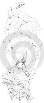 Satellite map of province of Lecco, towns and roads, buildings and connecting roads of surrounding areas. Lombardy, Italy