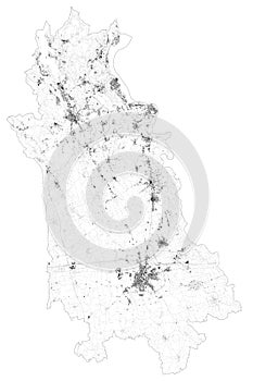 Satellite map of province of Novara, towns and roads, buildings and connecting roads of surrounding areas. Piedmont, Italy.