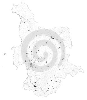 Satellite map of Province of Oristano towns and roads, buildings and connecting roads. Sardinia region, Italy. Sardegna