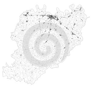 Satellite map of Province of Piacenza towns and roads, buildings and connecting roads. Emilia-Romagna region, Italy.