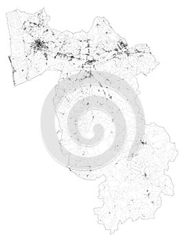 Satellite map of province of Pisa, towns and roads, buildings and connecting roads of surrounding areas. Tuscany, Italy.