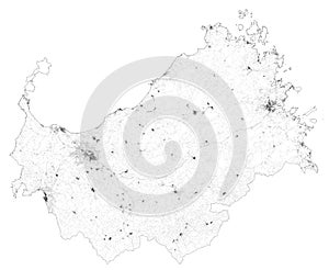 Satellite map of Province of Sassari towns and roads, buildings and connecting roads. Sardinia region, Italy. Sardegna