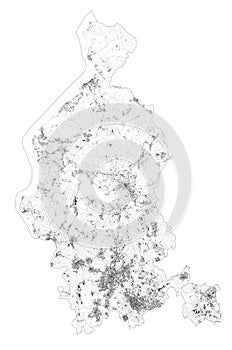 Satellite map of province of Varese, towns and roads, buildings and connecting roads of surrounding areas. Lombardy, Italy.