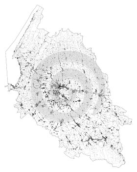 Satellite map of province of Verona, towns and roads, buildings and connecting roads of surrounding areas. Veneto, Italy.