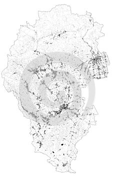 Satellite map of province of Vicenza, towns and roads, buildings and connecting roads of surrounding areas. Veneto, Italy.