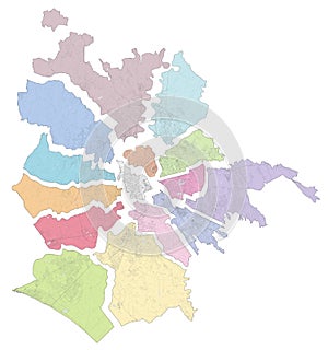 Satellite map of Rome divided into areas and municipalities. Streets. Italy