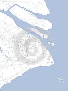 Satellite map of Shanghai and surrounding areas, People`s Republic of China. Map roads, ring roads and highways, rivers, railway l