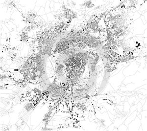 Satellite map of Yerevan. It is the capital and largest city of Armenia. Map of streets and buildings of the town center