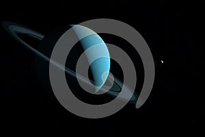 Satellite Miranda orbiting around Uranus planet in the outer space. 3d render