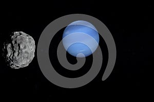Satellite Nereid orbiting around Neptune planet in the outer space