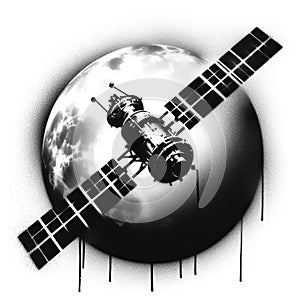 satellite in orbit in stencil-art style,black and white